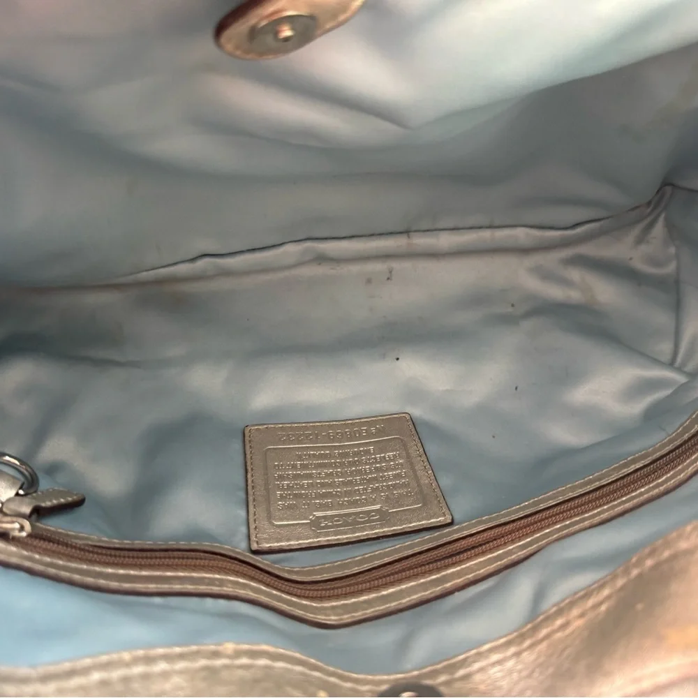 Coach Ergo Op Art Signature Brown Metallic Silver Leather Trim Bag